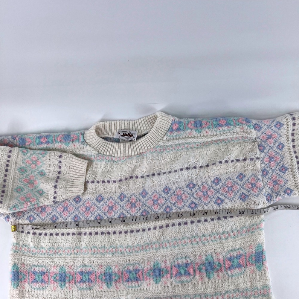 Vintage Sweaters by Jolie Pastel Geometric Knit Crewneck Sweater Ivory Pink Blue - Picture 6 of 8